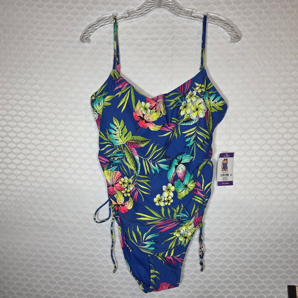 Loft Swim Blue Tropical Floral Ruched One Piece Swimsuit XXL NWT - Picture 4 of 8